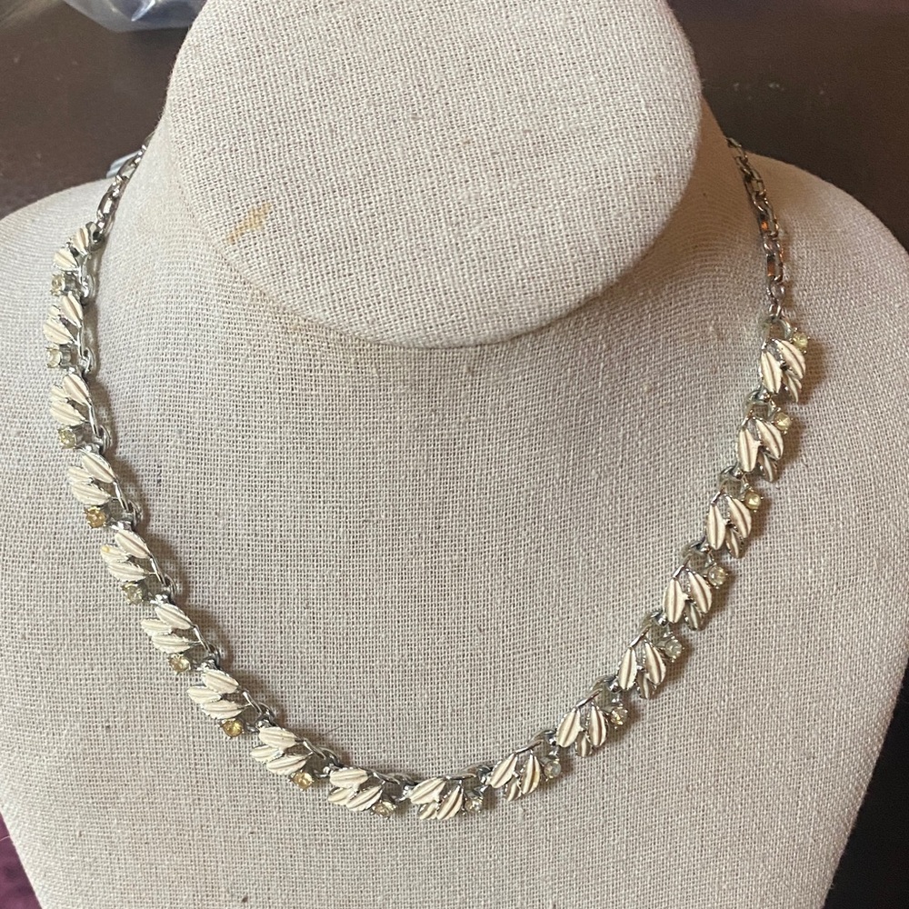 Vintage Silver and Rhinestone Leaf Necklace